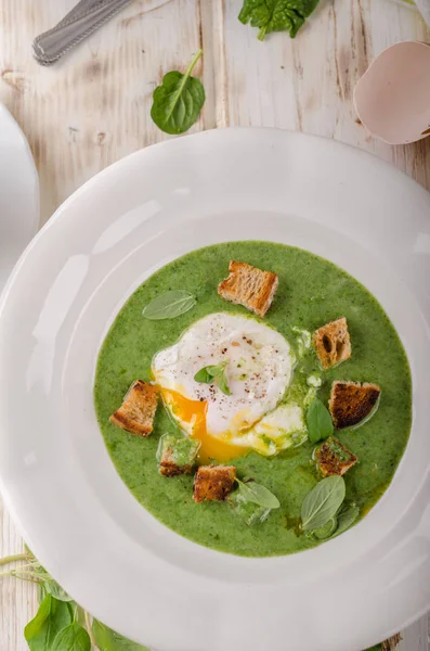 Haşlanmış yumurta, taze kruton ve otlar, fotoğraf stok reklam ile ıspanak çorbası