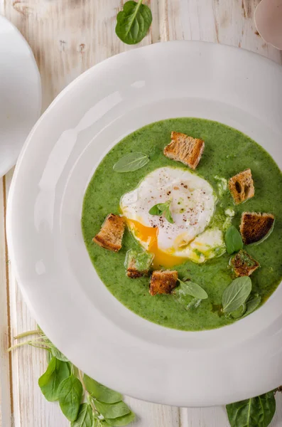 Haşlanmış yumurta, taze kruton ve otlar, fotoğraf stok reklam ile ıspanak çorbası