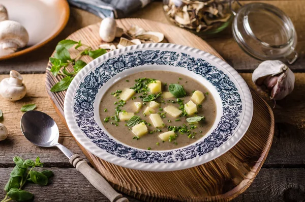 Paddestoelen Knoflook Aardappelsoep Allerlei Kruiden Binnen — Stockfoto