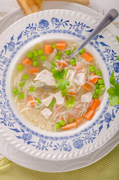 Spring Chicken Soup Noodles Vegetable Toast Food Photography Fresh Healthy — Stock Photo, Image