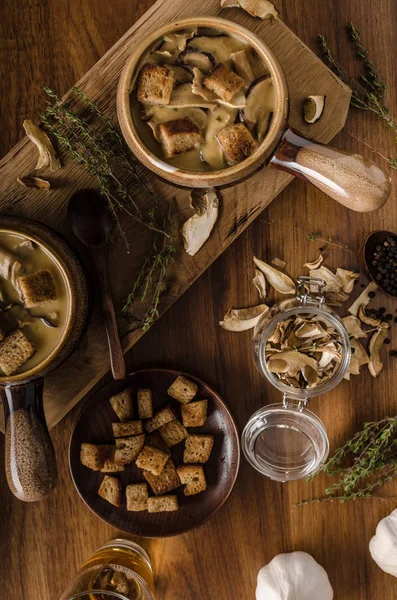 Rustic mushrooms soup, czech forest mushrooms, fresh collect in woods — Stock Image Rustic Mushrooms Soup Czech Forest Mushrooms Fresh Collect Woods Stock Photo