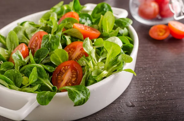 Salade Laitue Agneau Tomates Herbes Photographie Culinaire — Photo