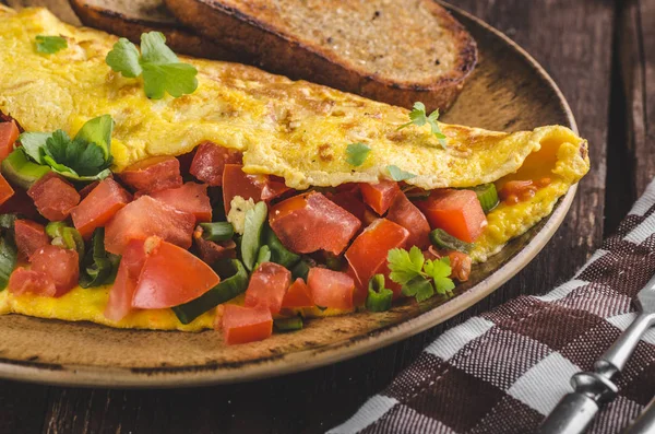 Sajttal Zöldségekkel Töltött Vegetáriánus Omlett Pirított Kenyér — Stock Fotó