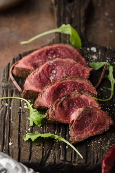 Homemade Beef Steak Rare Pepper Salt Little Salad — Stock Photo, Image