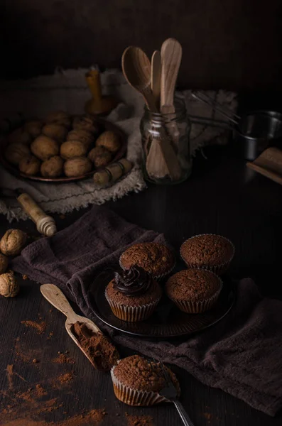 Magdalenas Chocolate Caseras Con Cobertura Chocolate Delicia Postre Simple — Foto de Stock