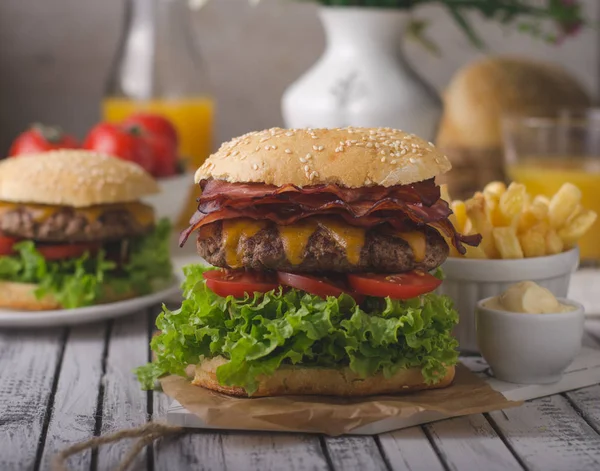 Homemade Bacon Burger Lettuce Cheddar Homemade Potato French Fries Food — Stock Photo, Image