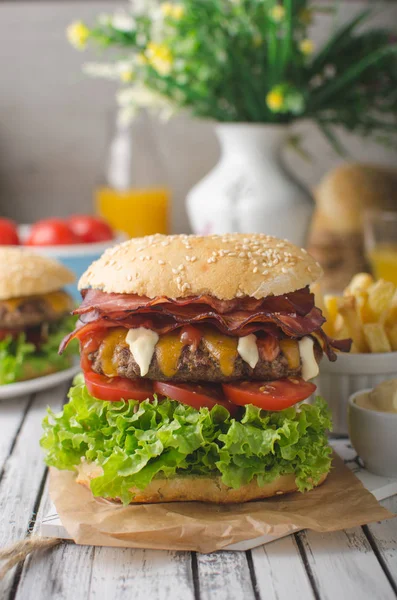 Homemade Bacon Burger Lettuce Cheddar Homemade Potato French Fries Food — Stock Photo, Image