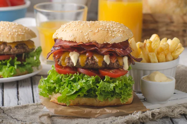 Homemade Bacon Burger Lettuce Cheddar Homemade Potato French Fries Food — Stock Photo, Image