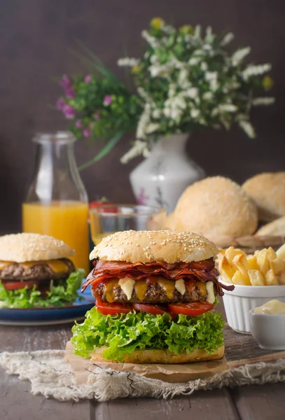 Homemade Bacon Burger Lettuce Cheddar Homemade Potato French Fries Food — Stock Photo, Image