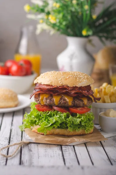 Homemade Bacon Burger Lettuce Cheddar Homemade Potato French Fries Food — Stock Photo, Image