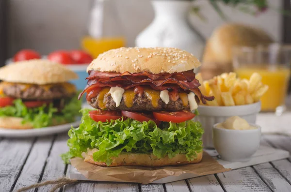 Homemade Bacon Burger Lettuce Cheddar Homemade Potato French Fries Food — Stock Photo, Image