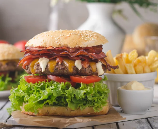 Homemade Bacon Burger Lettuce Cheddar Homemade Potato French Fries Food — Stock Photo, Image