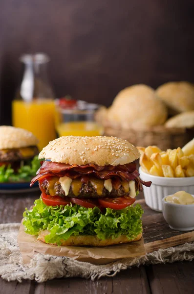 Homemade Bacon Burger Lettuce Cheddar Homemade Potato French Fries Food — Stock Photo, Image