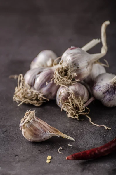 Bio garlic from garden, organic garlic on dark background