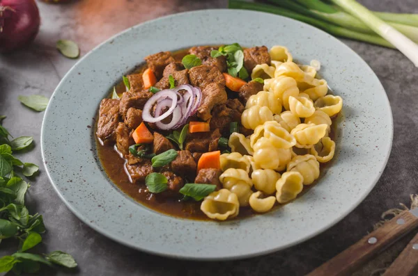 Köstlichen Eintopf Langsam Mit Hausgemachten Nudeln Und Kräutern Gekocht — Stockfoto