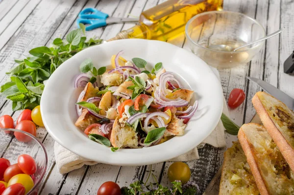 Ensalada de Panzanella con croutones crujientes —  Fotos de Stock