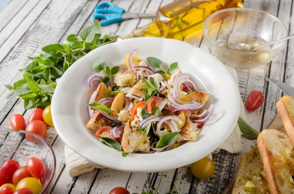 Salad Panzanella dengan croutons renyah — Stok Foto