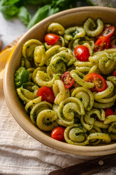 Domowy makaron ze świeżą bazylią pesto i pomidorami — Zdjęcie stockowe