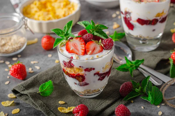 Heerlijke Granola Met Aardbeien Frambozen Bio Zelfgemaakte Yoghurt — Stockfoto