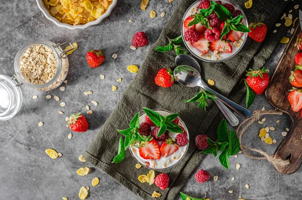 Deliciosa Granola Con Fresas Frambuesas Yogur Bio Casero — Foto de Stock