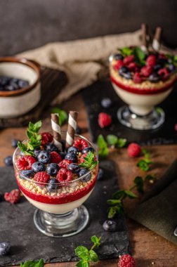 Vanilyalı panna cotta, çilekli ve çıtır kurabiyeli.