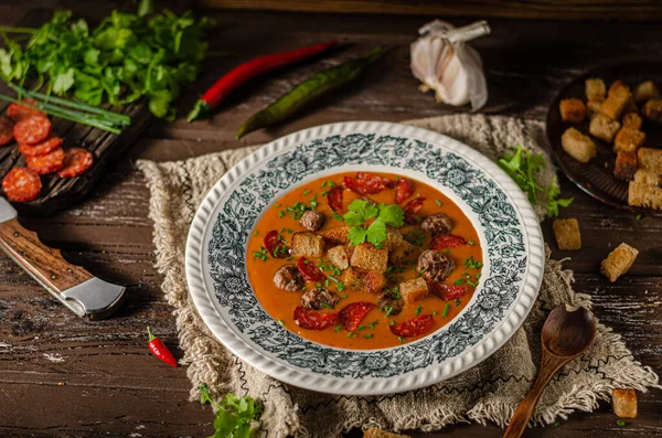 Deliciosa Sopa Con Carne Pan Crujiente Horneado — Foto de Stock