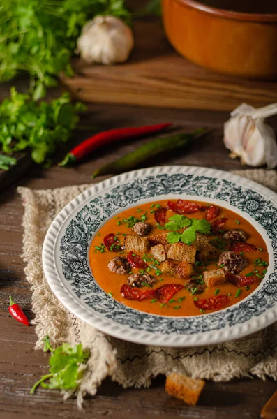 Heerlijke Soep Met Vlees Knapperig Gebakken Brood — Stockfoto