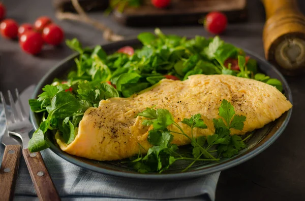 Frisse Smakelijke Omelet Met Salade Mini Tomaten — Stockfoto