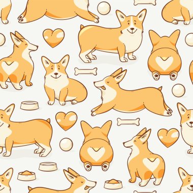 Galce corgi köpek, bir kalp ile vektör seamless modeli