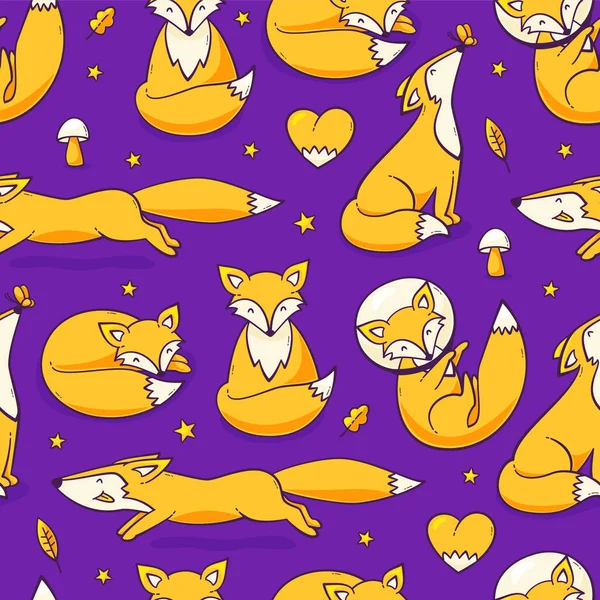 狐狸无缝的样式 向量可爱的例证与狐狸在空间 — 图库矢量图片