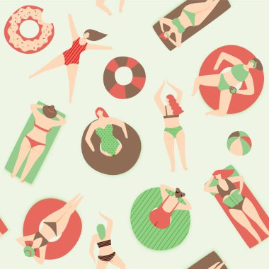 Yaz havuz desen, yüzme kauçuk halka ve plaj üzerinde insanlar sal'da