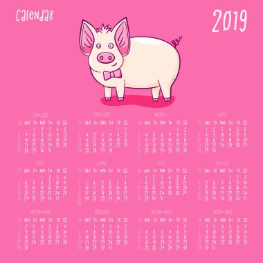 Takvim 2019, domuz, bir sembol, bir Çin yeni yılı ile vektör çizim