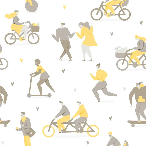 Nsanlar Binicilik Bisiklet Park Kaykay Skuter Çizimde — Stok Vektör