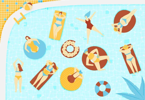 Illustration Zum Sommerbad Menschen Schwimmen Auf Gummiring Und Strandfloß — Stockvektor