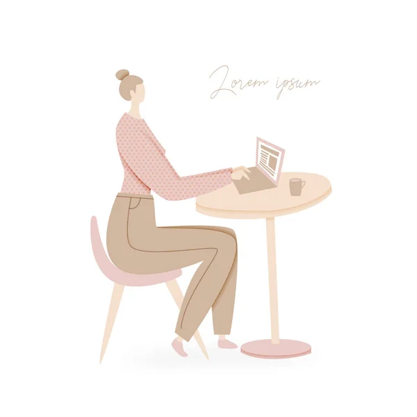 Kobieta Laptopa Siedząc Kawiarni Praca Filiżanką Herbaty — Wektor stockowy