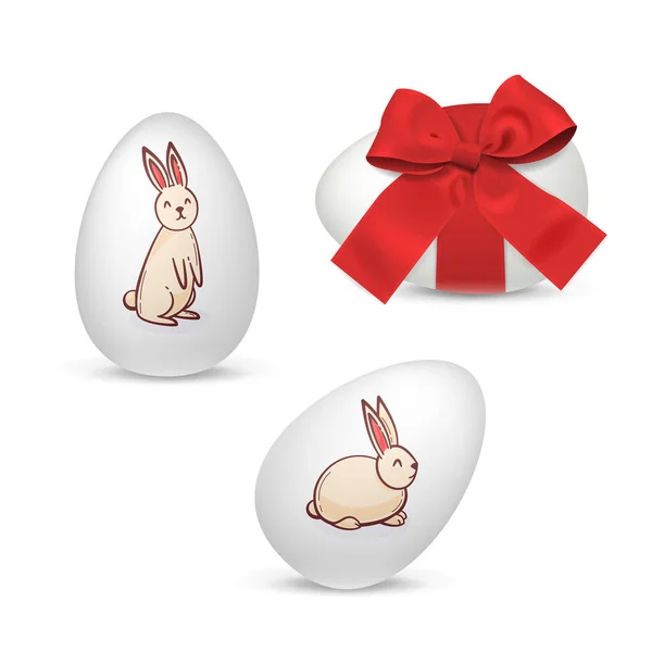 Пасхальные Яйца Кроликами Луком Праздничный Векторный Реалистичный Дизайн — стоковый вектор