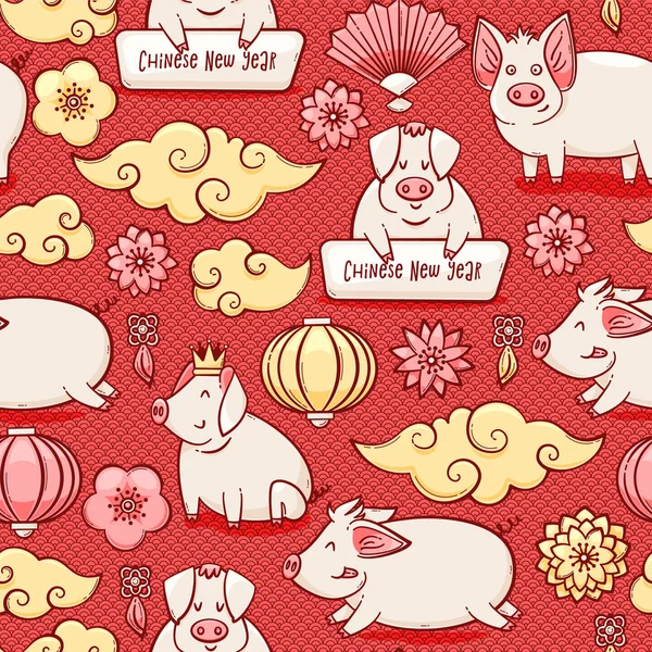 Schwein Chinesisches Neujahrssymbol 2019 Vektornahtloses Muster — Stockvektor