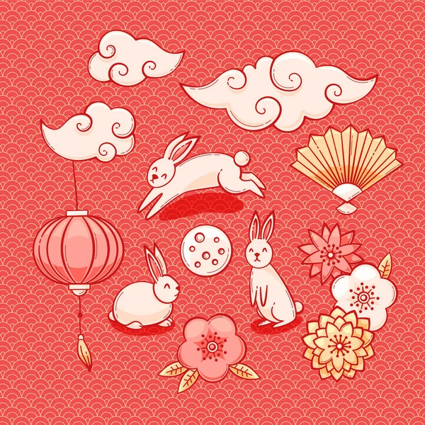 中旬の秋祭りのイラスト 中国雲 ランタン ウサギ — ストックベクタ