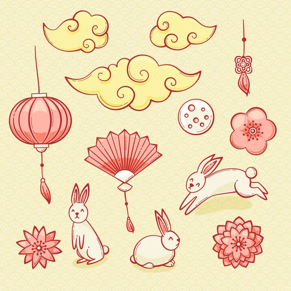 Mitten Herbst Festival Set Chinesische Wolken Laternen Und Kaninchen — Stockvektor