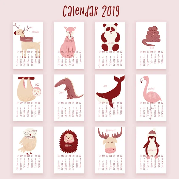 カレンダー 2019 かわいい動物とベクトル図 ロイヤリティフリーのストックイラスト