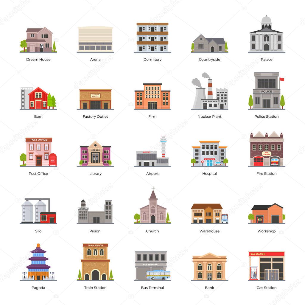 Presenting a city buildings vectors in flat style, featuring a classic cityscape with high rise buildings architecture. Download this instantly and design something cool.