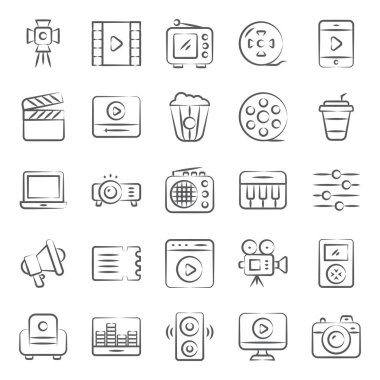 Burada inanılmaz bir medya seti, sinematografi, eğlence ve multimedya ikonları getiriyoruz. Koleksiyonunuzda olması gereken basit ama yaratıcı karalama çizgisi simgeleri. Mutlu İndirmeler! 