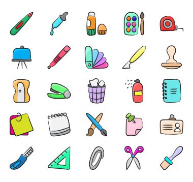 Kırtasiye ve ofis malzemesi paketlerine, karalama ikonlarına, ofis ve okul malzemelerine bağlı kalın. fırça, cetvel, zımba, defter, makas vesaire! Dur bakalım.