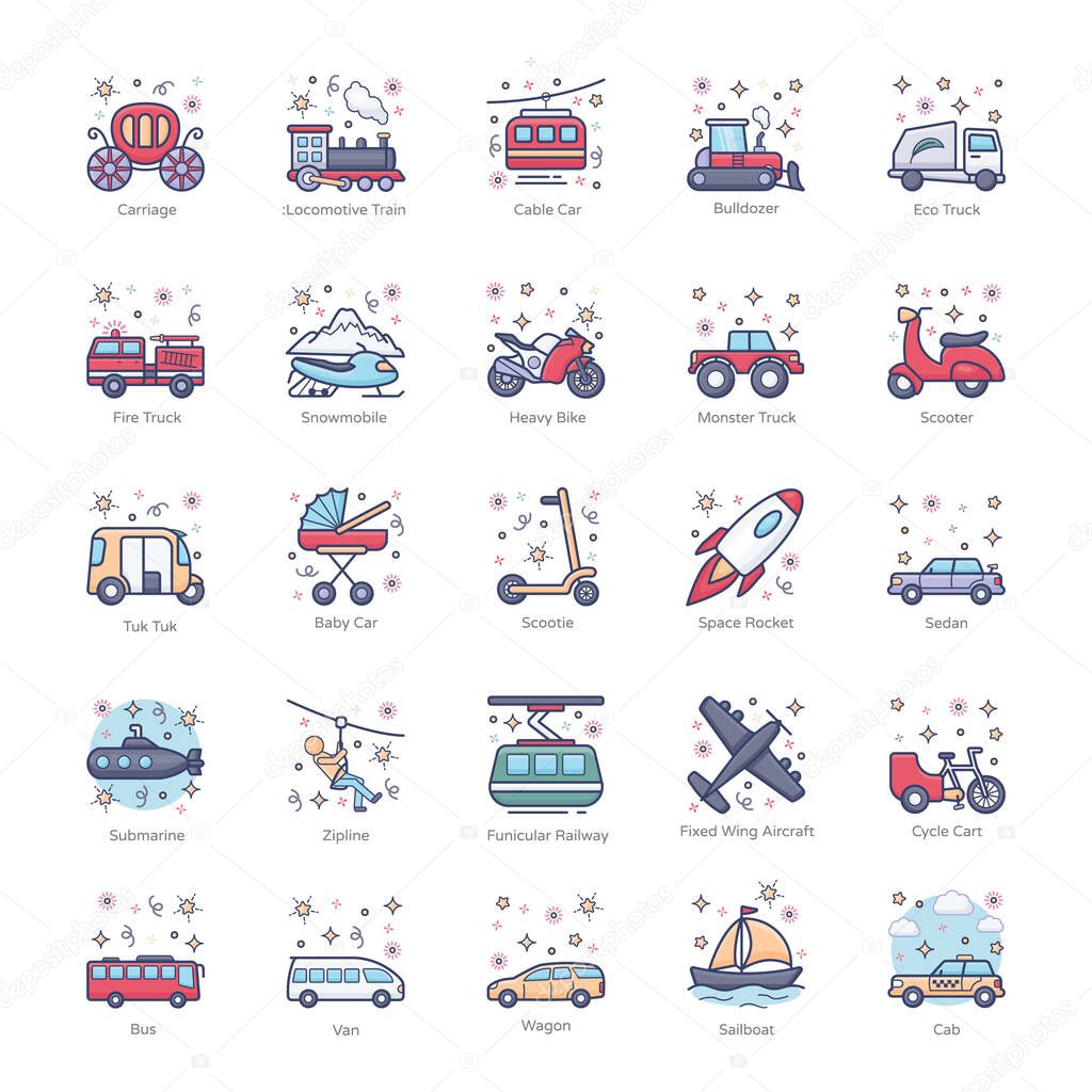 This public vehicles flat  icon pack is especially designed to help you in your design project. Just hit the download button to get these vectors. And, wait! it's editable.