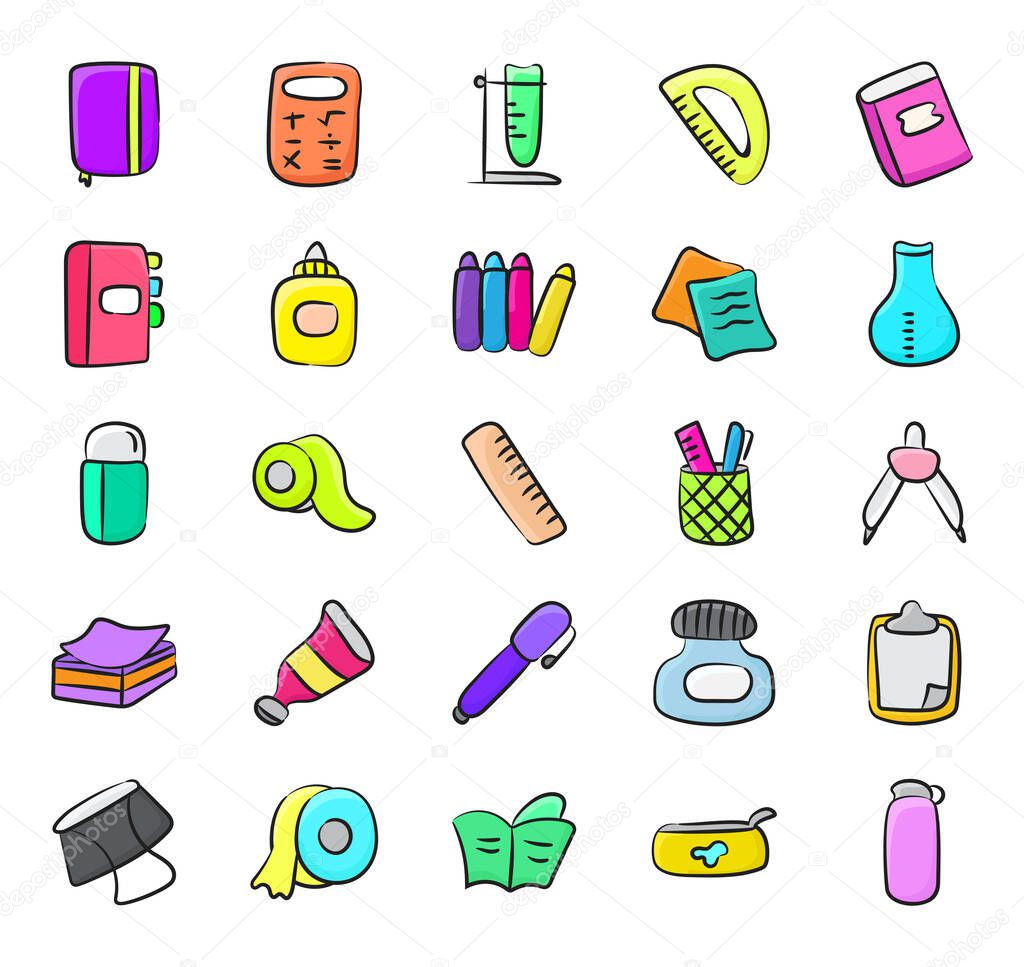 Stick to the pack of stationery and office supplies doodle icons pack, having office supplies used in the office and school i.e. brush, ruler, stapler, notebook, tape, file clipper and so on! Hold it now