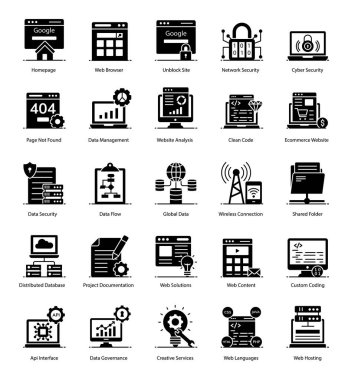 İşte gelecek projeniz için bazı basit ama kavramsal web sunuculuğu simgeleri. Buraya ulaşabilirsiniz, web geliştirme, programlama dili, veri yönetimi ve daha fazlası. Bu seti al ve gerektiği gibi kullan.