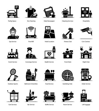 Düzenlenebilir kalitede otel servis simgesi burada. Her ikonun içinde detaylandırılmış serin bir paket. Mutlu Tasarım!
