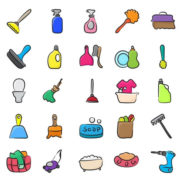Casa Accesorios Limpieza Doodle Iconos Pack — Vector de stock