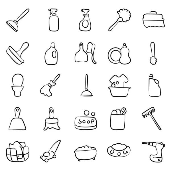 Casa Acessórios Limpeza Doodle Icons Pack — Vetor de Stock