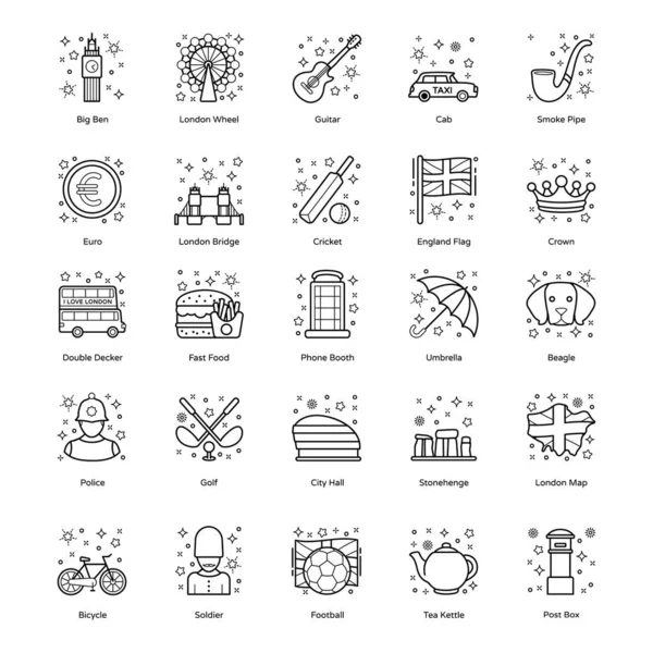 Paquete Iconos Cultura Británica Estilo Línea Moderna — Vector de stock